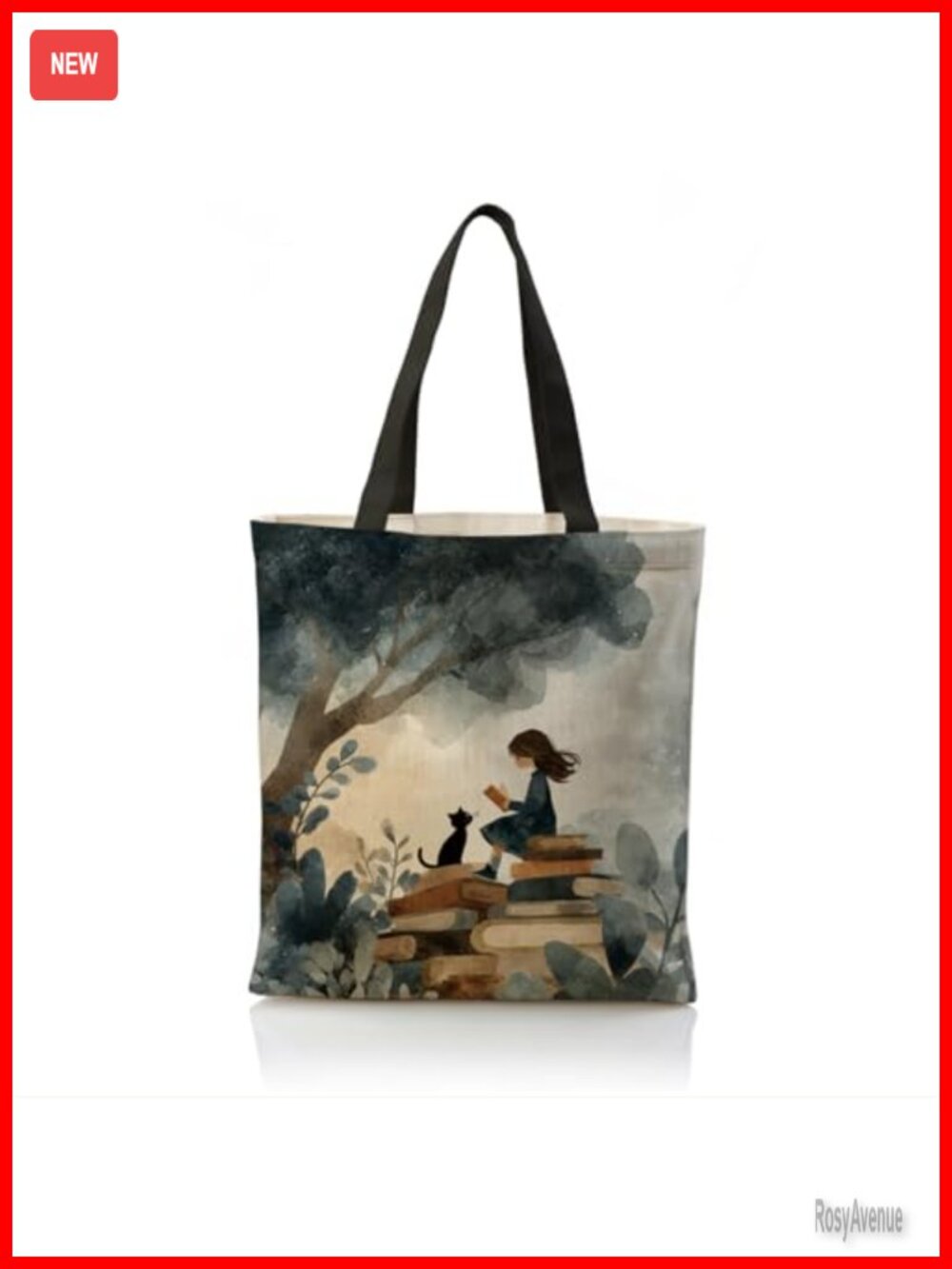 Cotton Canvas Tote Bag Double-Sided Watercolor Book Lover Print